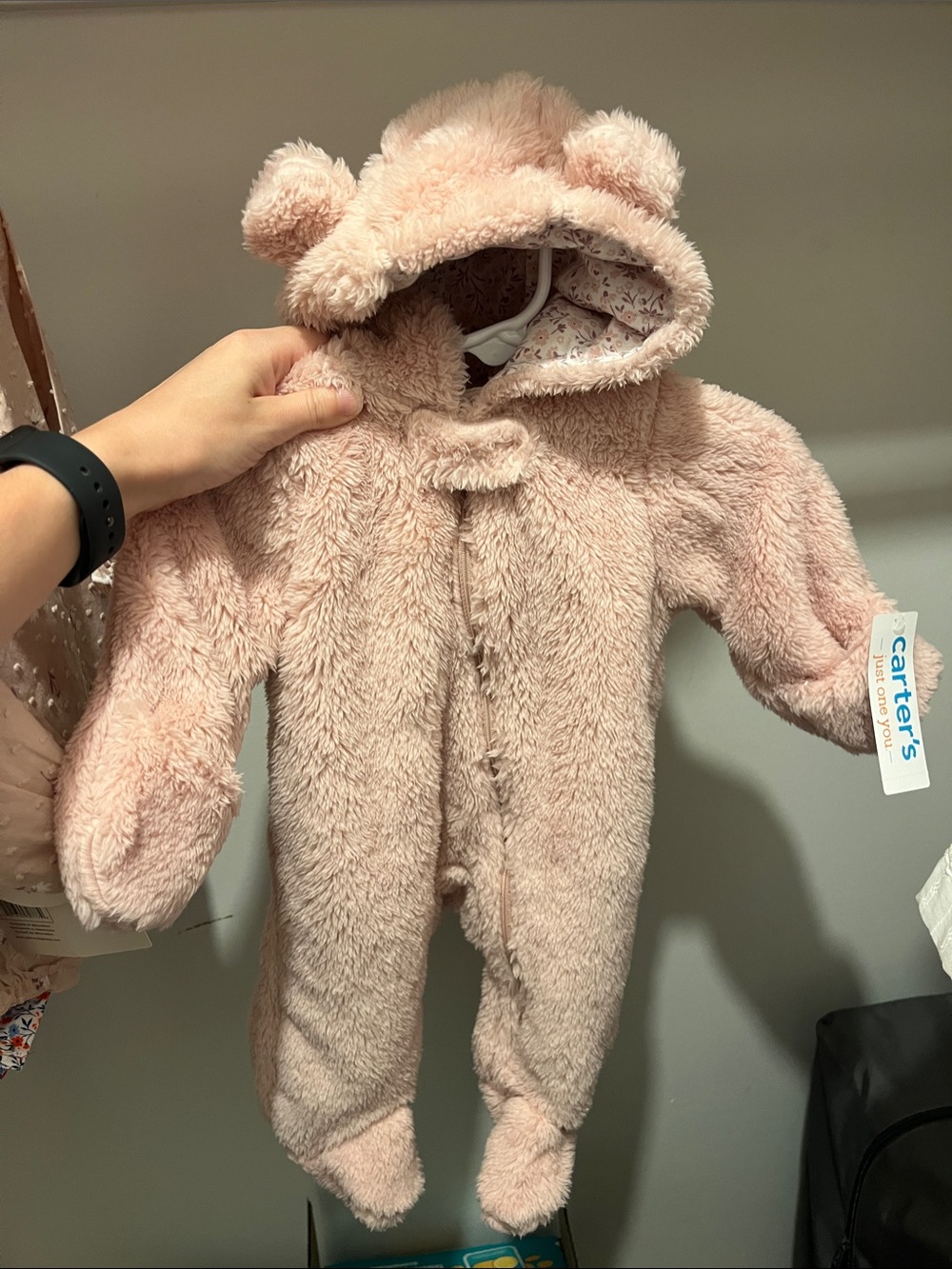 Carter's Light Pink Fuzzy Bear Hooded One-Piece Footed Suit
